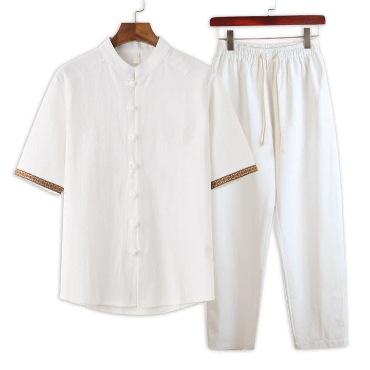 Buddha Stones 夏物 2点セット マンダリンカラー フロッグボタン 無地 半袖シャツ ハーレムパンツ メンズ 瞑想服 ポケット付き - 白 - US/UK/AU46、 EU56 (5XL) - image 10