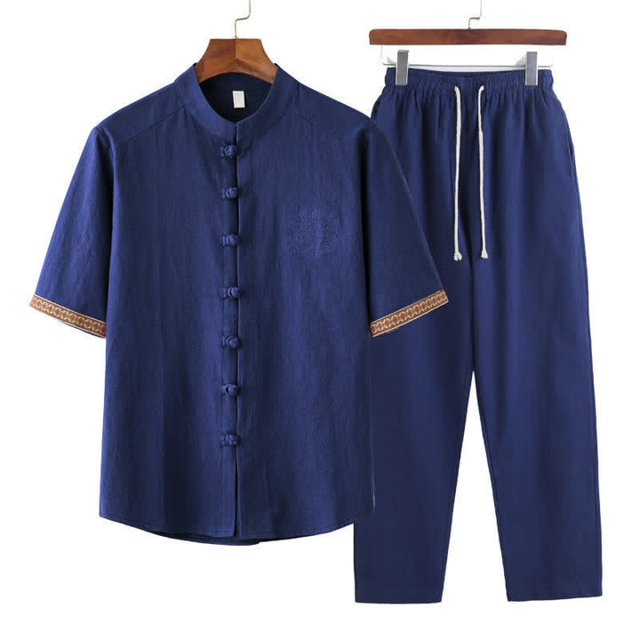 Buddha Stones 夏物 2点セット マンダリンカラー フロッグボタン 無地 半袖シャツ ハーレムパンツ メンズ 瞑想服 ポケット付き - ロイヤルブルー - US/UK/AU46、 EU56 (5XL) - image 0
