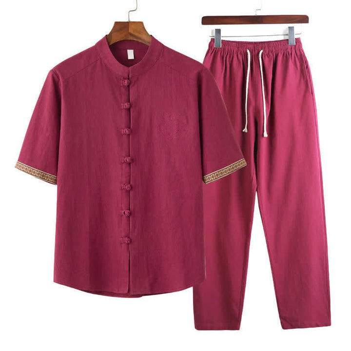 Buddha Stones 夏物 2点セット マンダリンカラー フロッグボタン 無地 半袖シャツ ハーレムパンツ メンズ 瞑想服 ポケット付き - クリムゾン - US/UK/AU46、 EU56 (5XL) - image 1