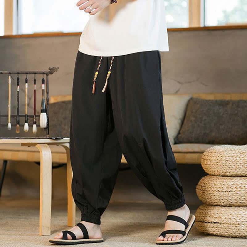 Buddha Stones 夏物カジュアル ドローストリング付き伸縮性裾 無地 メンズ ハーレムパンツ ポケット付き - image 9