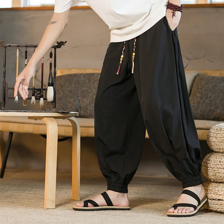 Buddha Stones 夏物カジュアル ドローストリング付き伸縮性裾 無地 メンズ ハーレムパンツ ポケット付き - 黒 - US/UK/AU46、 EU56 (5XL) - image 4