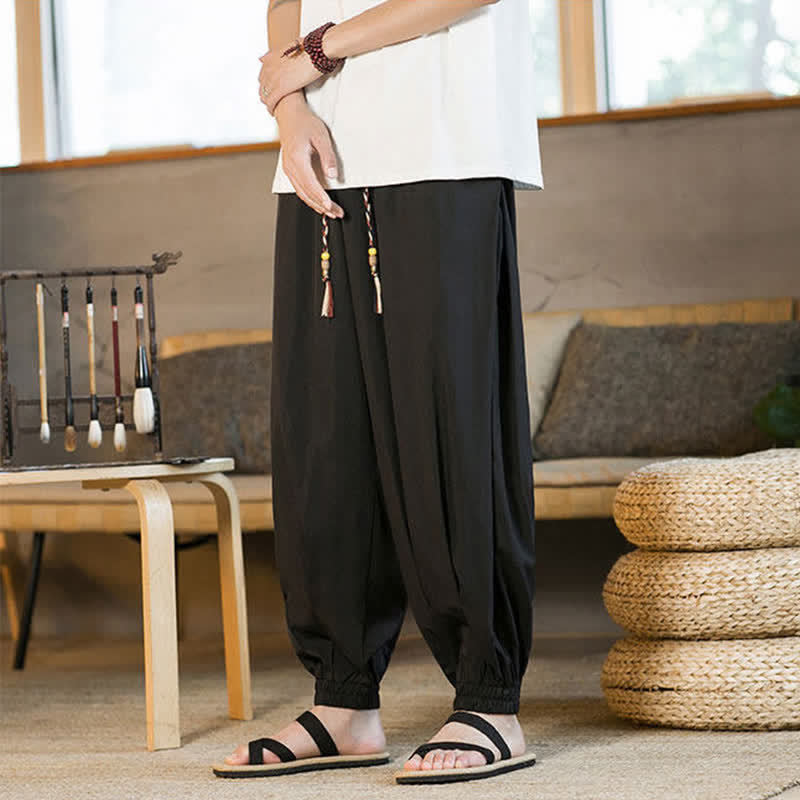 Buddha Stones 夏物カジュアル ドローストリング付き伸縮性裾 無地 メンズ ハーレムパンツ ポケット付き - image 7