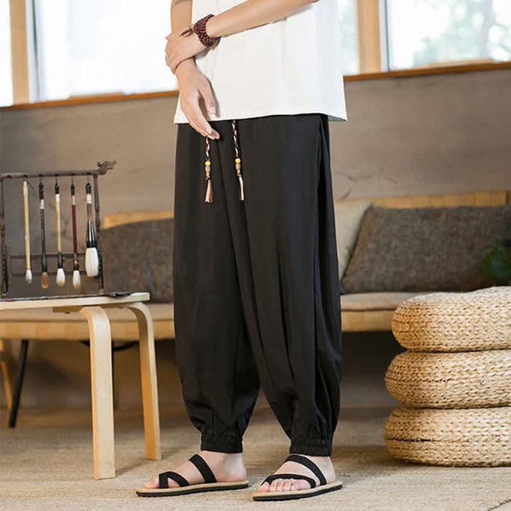 Buddha Stones 夏物カジュアル ドローストリング付き伸縮性裾 無地 メンズ ハーレムパンツ ポケット付き - image 7