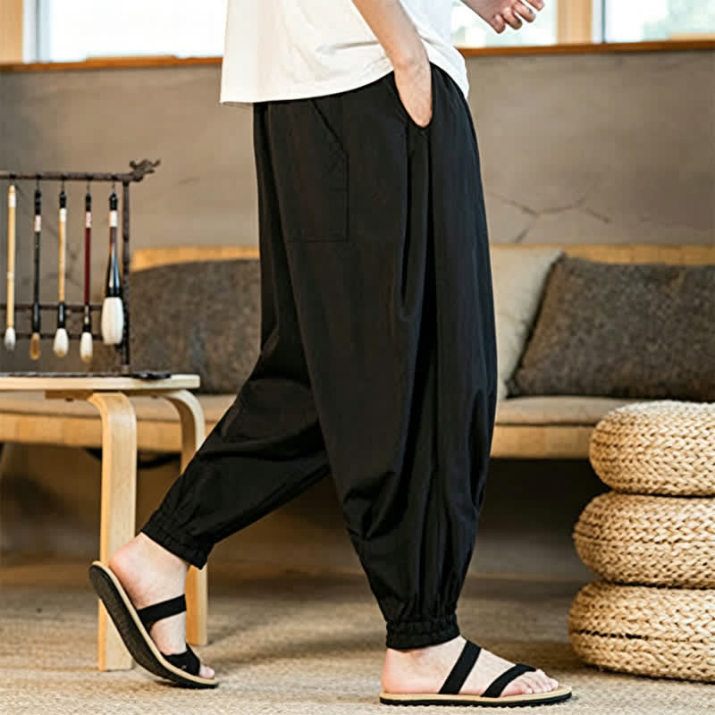Buddha Stones 夏物カジュアル ドローストリング付き伸縮性裾 無地 メンズ ハーレムパンツ ポケット付き - image 8