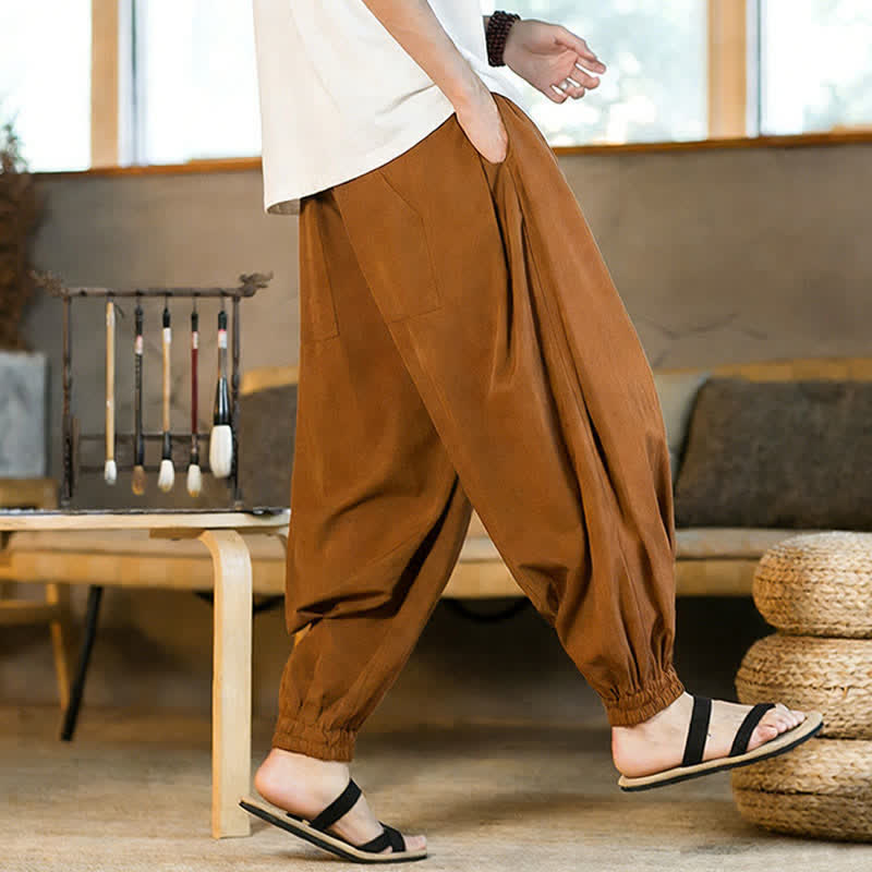 Buddha Stones 夏物カジュアル ドローストリング付き伸縮性裾 無地 メンズ ハーレムパンツ ポケット付き - image 3