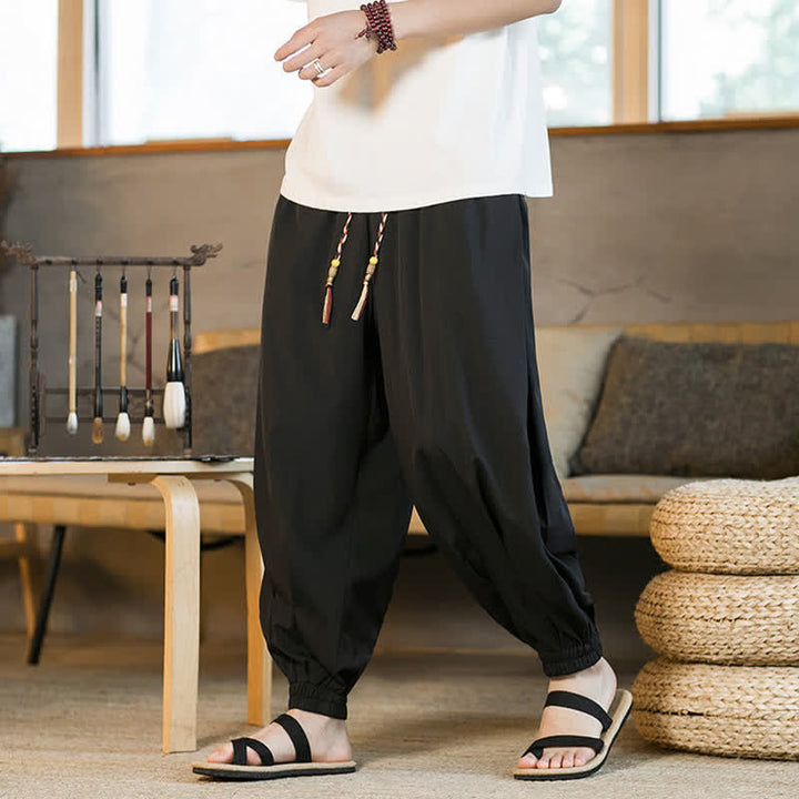 Buddha Stones 夏物カジュアル ドローストリング付き伸縮性裾 無地 メンズ ハーレムパンツ ポケット付き - image 11