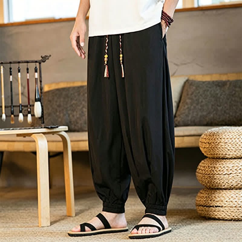 Buddha Stones 夏物カジュアル ドローストリング付き伸縮性裾 無地 メンズ ハーレムパンツ ポケット付き - image 5