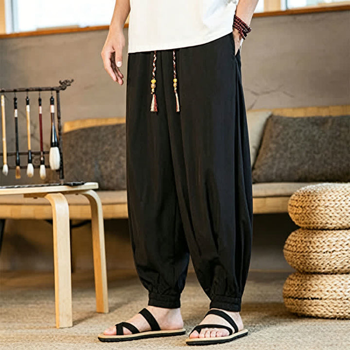 Buddha Stones 夏物カジュアル ドローストリング付き伸縮性裾 無地 メンズ ハーレムパンツ ポケット付き - image 5