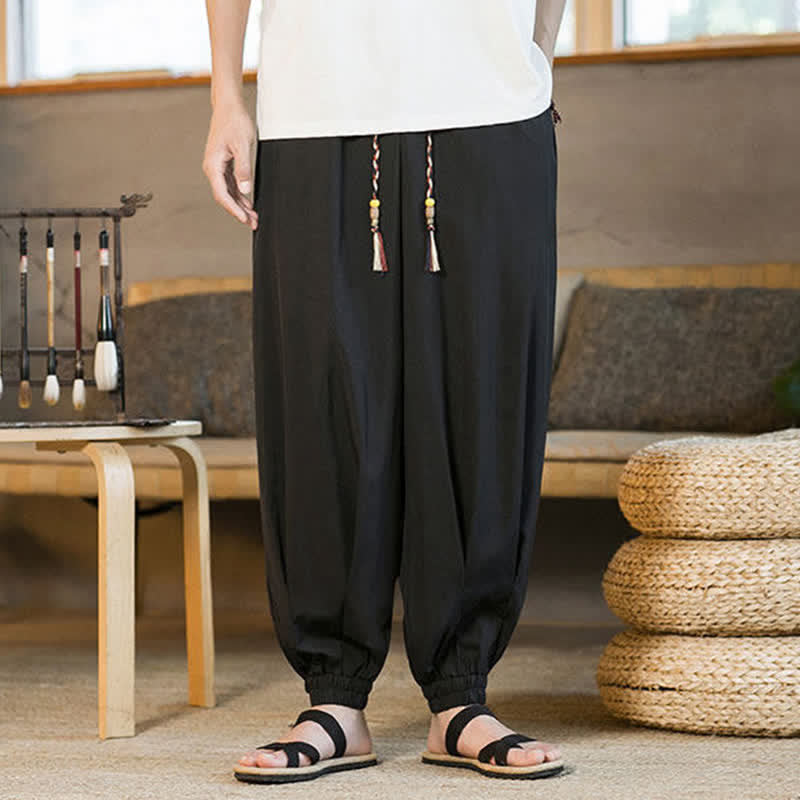 Buddha Stones 夏物カジュアル ドローストリング付き伸縮性裾 無地 メンズ ハーレムパンツ ポケット付き - image 10