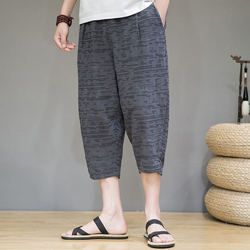 Buddha Stones 夏物ミニマリストサイドスリット入り無地メンズハーレム七分丈パンツ（ポケット付き） - image 2