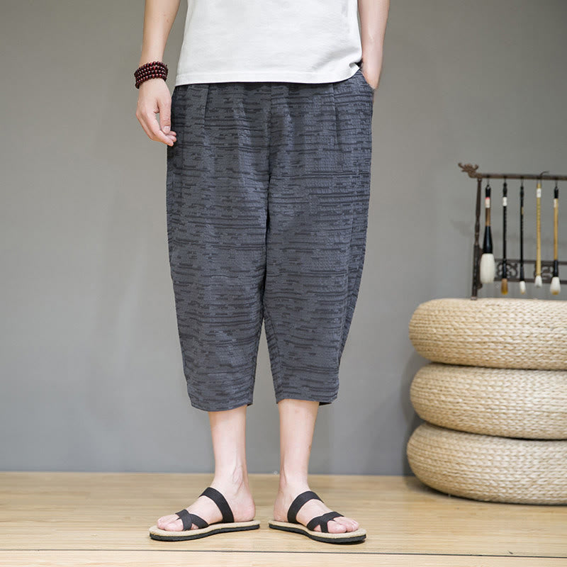 Buddha Stones 夏物ミニマリストサイドスリット入り無地メンズハーレム七分丈パンツ（ポケット付き） - image 1