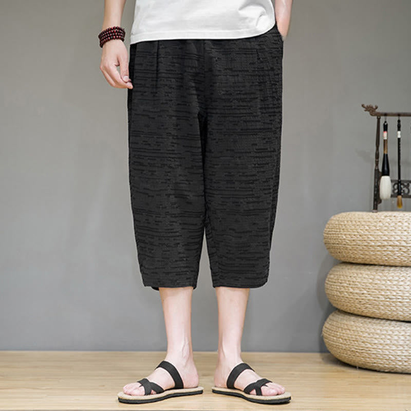 Buddha Stones 夏物ミニマリストサイドスリット入り無地メンズハーレム七分丈パンツ（ポケット付き） - image 14