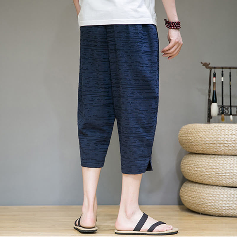 Buddha Stones 夏物ミニマリストサイドスリット入り無地メンズハーレム七分丈パンツ（ポケット付き） - image 25