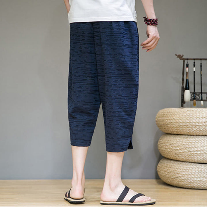 Buddha Stones 夏物ミニマリストサイドスリット入り無地メンズハーレム七分丈パンツ（ポケット付き） - image 25