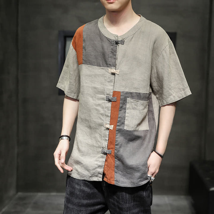 Buddha Stones 夏物ヴィンテージ カエルボタンパッチワークデザイン メンズ半袖シャツ - タン - US/UK/AU46、 EU56 (5XL) - image 0