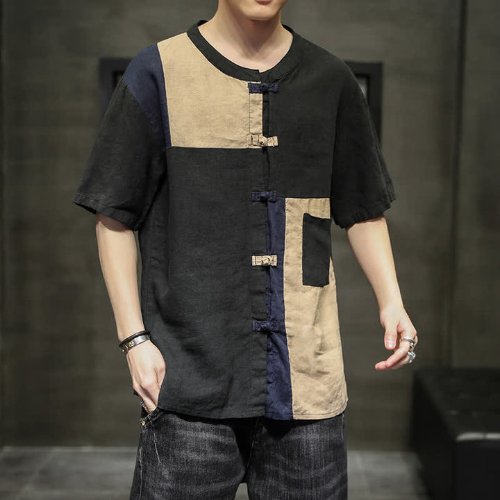 Buddha Stones 夏物ヴィンテージ カエルボタンパッチワークデザイン メンズ半袖シャツ - 黒 - US/UK/AU46、 EU56 (5XL) - image 9