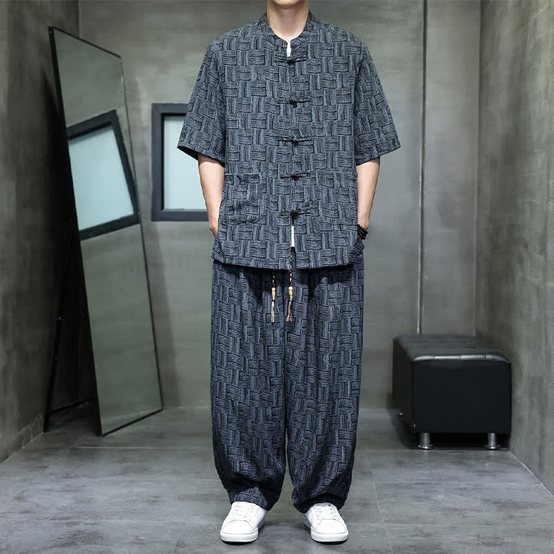 Buddha Stones 夏用マンダリンカラー、カエルボタン、幾何学模様の半袖シャツ、ハーレムパンツ、ポケット付きメンズセット 2点セット - image 1