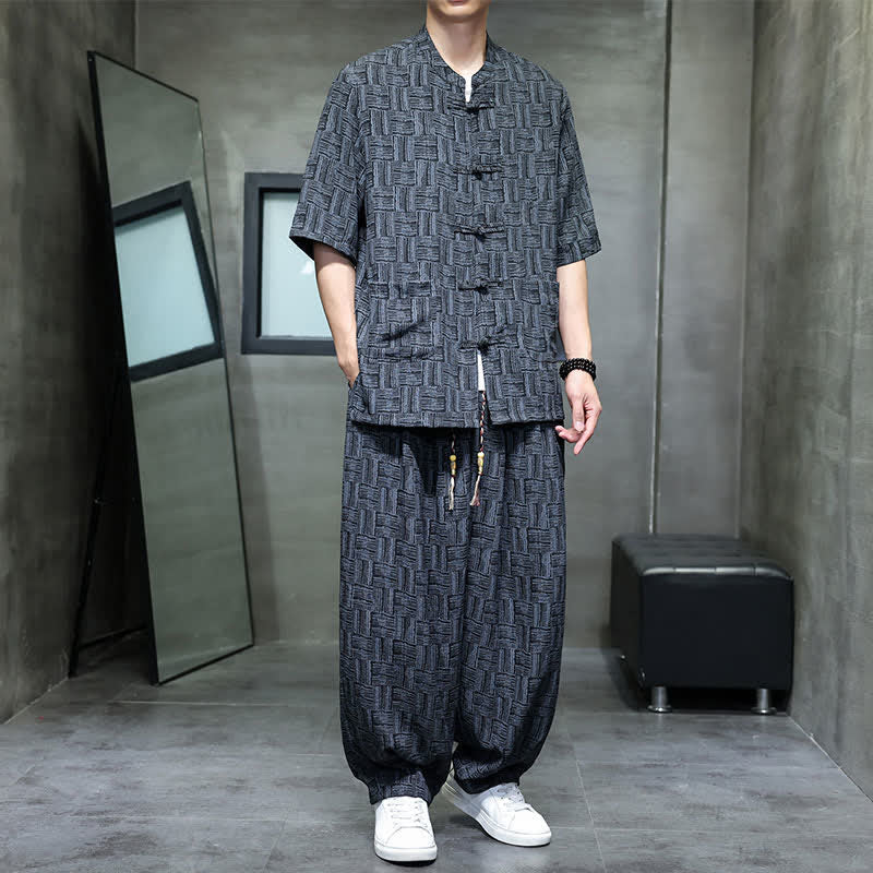 Buddha Stones 夏用マンダリンカラー、カエルボタン、幾何学模様の半袖シャツ、ハーレムパンツ、ポケット付きメンズセット 2点セット - image 3