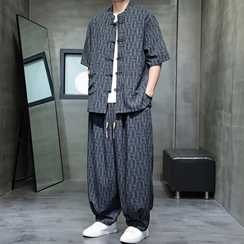 Buddha Stones 夏用マンダリンカラー、カエルボタン、幾何学模様の半袖シャツ、ハーレムパンツ、ポケット付きメンズセット 2点セット - image 4
