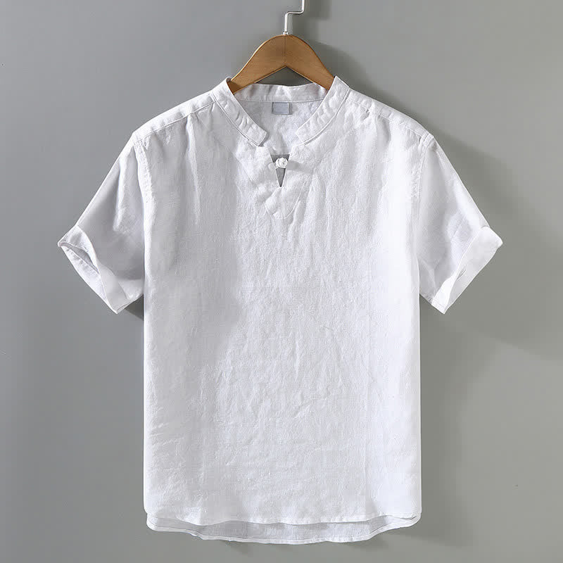 Buddha Stones 夏物カジュアル マンダリンカラー フロッグボタン 無地リネン メンズ半袖シャツ - 白 - US/UK/AU42、 EU52 (3XL) - image 10