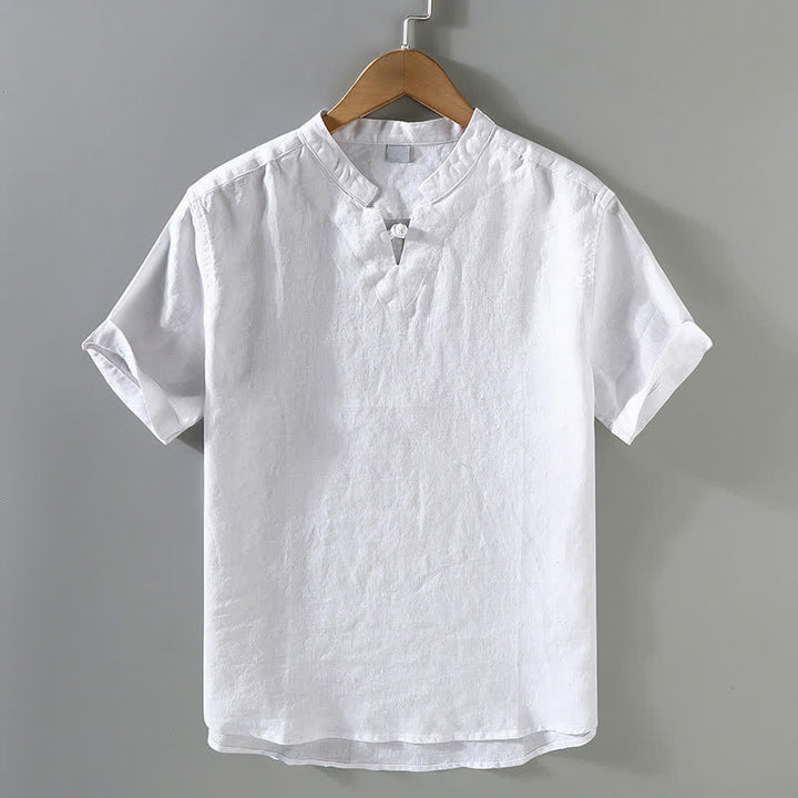 Buddha Stones 夏物カジュアル マンダリンカラー フロッグボタン 無地リネン メンズ半袖シャツ - 白 - US/UK/AU42、 EU52 (3XL) - image 10