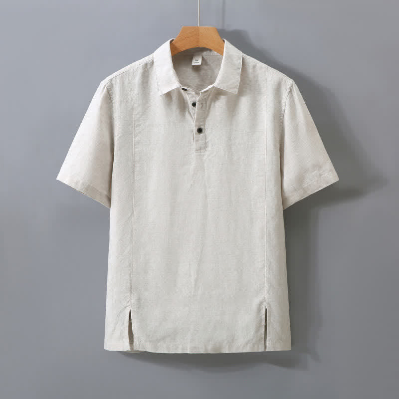 Buddha Stones 夏物ミニマリストボタンアップサイドスリット無地リネンメンズ半袖シャツ - リネン - US/UK/AU42、 EU52 (3XL) - image 0