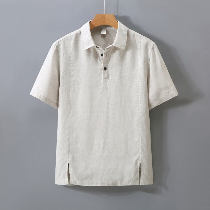 Buddha Stones 夏物ミニマリストボタンアップサイドスリット無地リネンメンズ半袖シャツ - リネン - US/UK/AU42、 EU52 (3XL) - image 0
