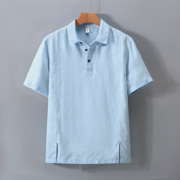Buddha Stones 夏物ミニマリストボタンアップサイドスリット無地リネンメンズ半袖シャツ - 水色 - US/UK/AU42、 EU52 (3XL) - image 9