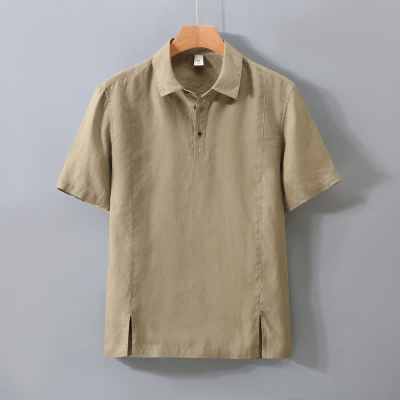 Buddha Stones 夏物ミニマリストボタンアップサイドスリット無地リネンメンズ半袖シャツ - タン - US/UK/AU42、 EU52 (3XL) - image 11
