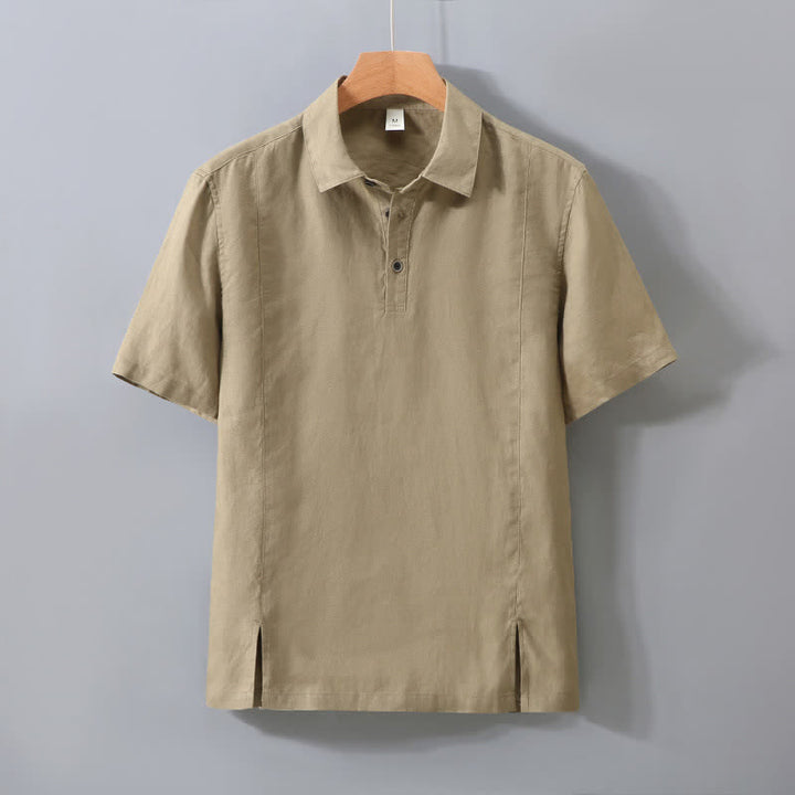 Buddha Stones 夏物ミニマリストボタンアップサイドスリット無地リネンメンズ半袖シャツ - タン - US/UK/AU42、 EU52 (3XL) - image 11