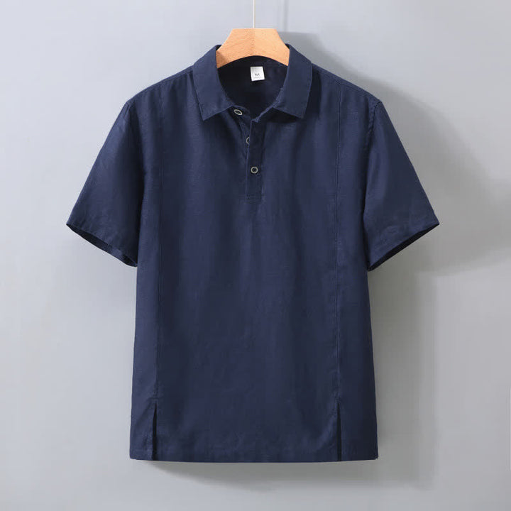 Buddha Stones 夏物ミニマリストボタンアップサイドスリット無地リネンメンズ半袖シャツ - 海軍 - US/UK/AU42、 EU52 (3XL) - image 7