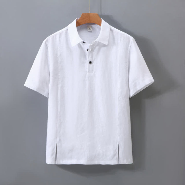 Buddha Stones 夏物ミニマリストボタンアップサイドスリット無地リネンメンズ半袖シャツ - 白 - US/UK/AU42、 EU52 (3XL) - image 12
