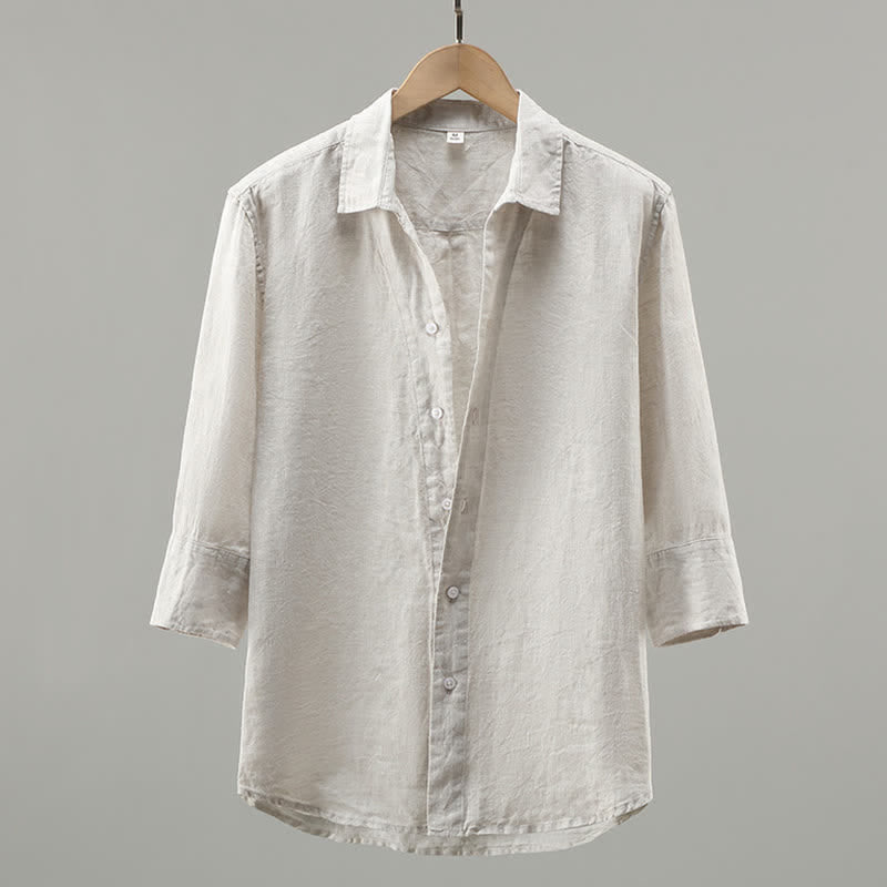 Buddha Stones 春らしいミニマルなボタンアップ無地リネンメンズ七分袖シャツ - リネン - US/UK/AU42、 EU52 (3XL) - image 0