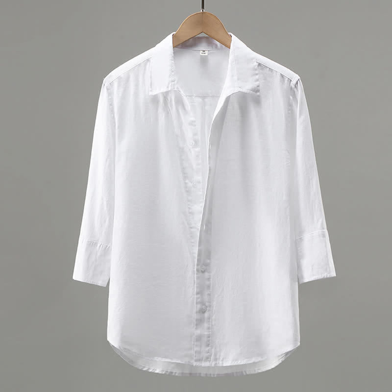 Buddha Stones 春らしいミニマルなボタンアップ無地リネンメンズ七分袖シャツ - 白 - US/UK/AU42、 EU52 (3XL) - image 1