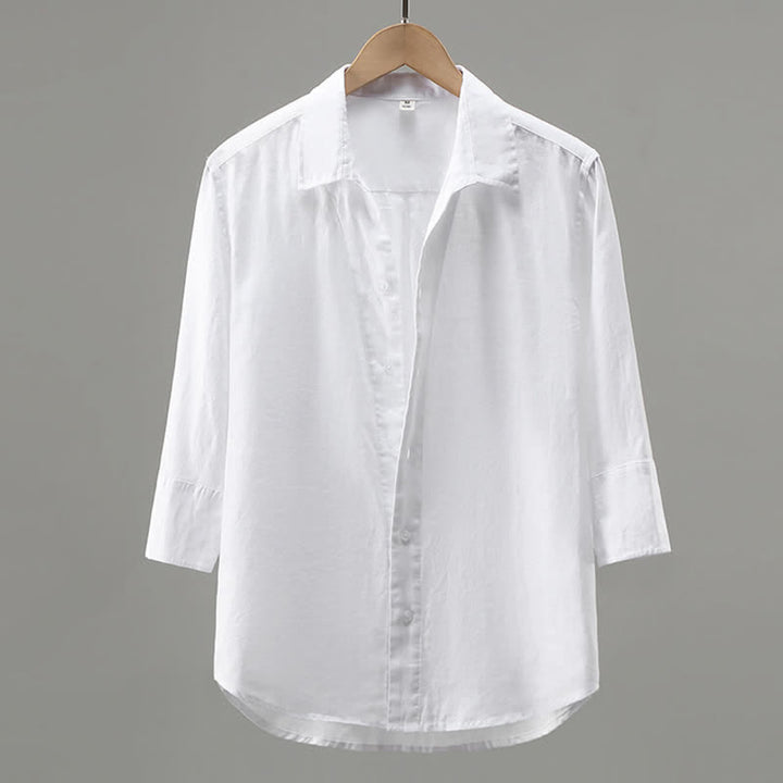 Buddha Stones 春らしいミニマルなボタンアップ無地リネンメンズ七分袖シャツ - 白 - US/UK/AU42、 EU52 (3XL) - image 1