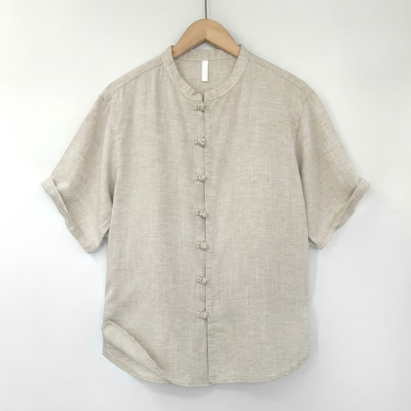 Buddha Stones 夏物ミニマリスト マンダリンカラー カエルボタン 無地 メンズ半袖シャツ - ベージュ - US/UK/AU44、 EU54 (4XL) - image 0
