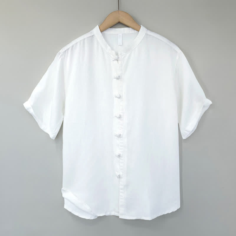 Buddha Stones 夏物ミニマリスト マンダリンカラー カエルボタン 無地 メンズ半袖シャツ - 白 - US/UK/AU44、 EU54 (4XL) - image 9