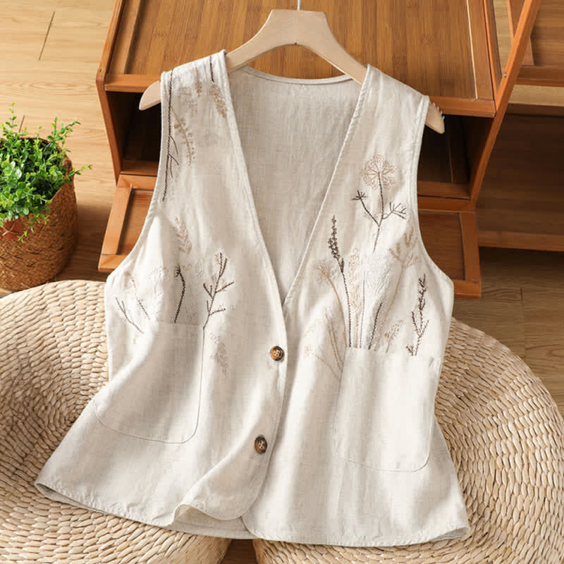 Buddha Stones 夏物刺繍入り花柄レディースノースリーブシャツ（ポケット付き） - ベージュ - US8-10，UK/AU12-14，EU40-42 (2XL) - image 0