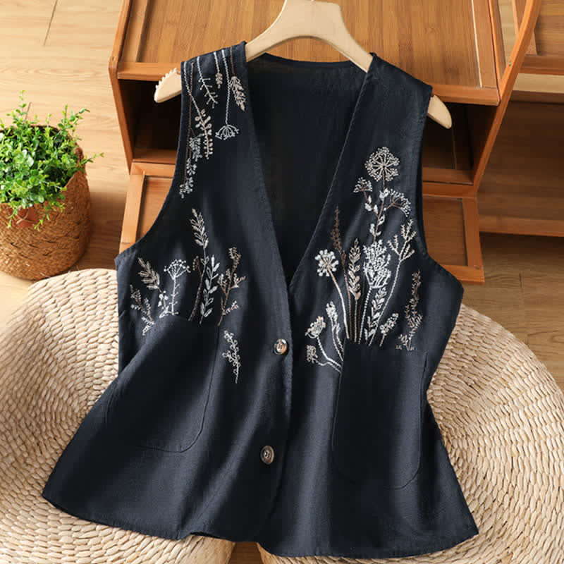 Buddha Stones 夏物刺繍入り花柄レディースノースリーブシャツ（ポケット付き） - 海軍 - US8-10，UK/AU12-14，EU40-42 (2XL) - image 8