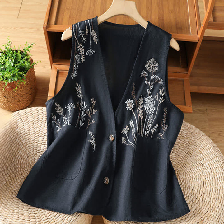 Buddha Stones 夏物刺繍入り花柄レディースノースリーブシャツ（ポケット付き） - 海軍 - US8-10，UK/AU12-14，EU40-42 (2XL) - image 8