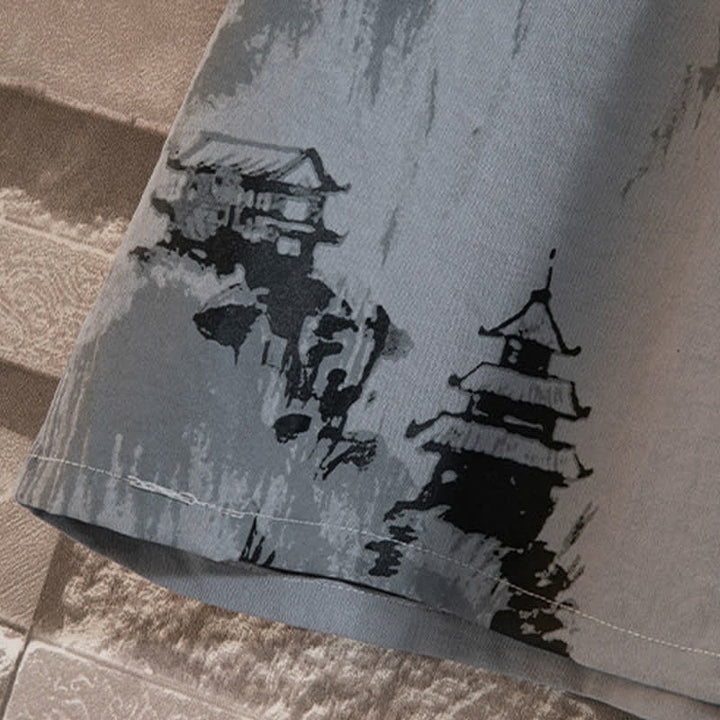 Buddha Stones 夏物 2点セット マンダリンカラー カエルボタン インクウォッシュプリント 半袖シャツ バミューダパンツ メンズ 瞑想服 ポケット付き - image 6