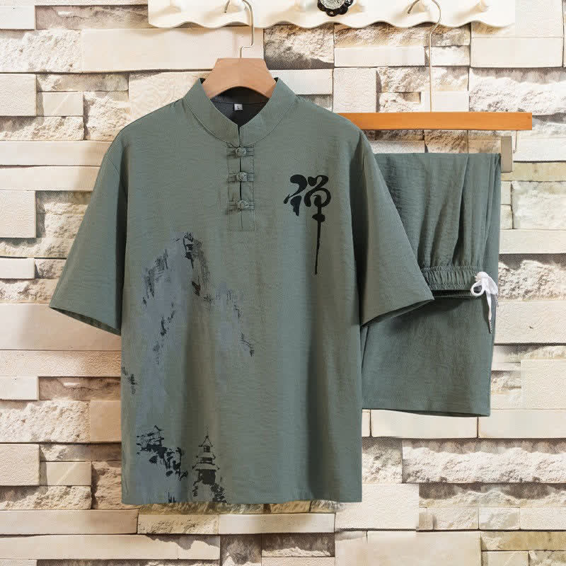 Buddha Stones 夏物 2点セット マンダリンカラー カエルボタン インクウォッシュプリント 半袖シャツ バミューダパンツ メンズ 瞑想服 ポケット付き - ダークシーグリーン - US/UK/AU44、 EU54 (4XL) - image 8