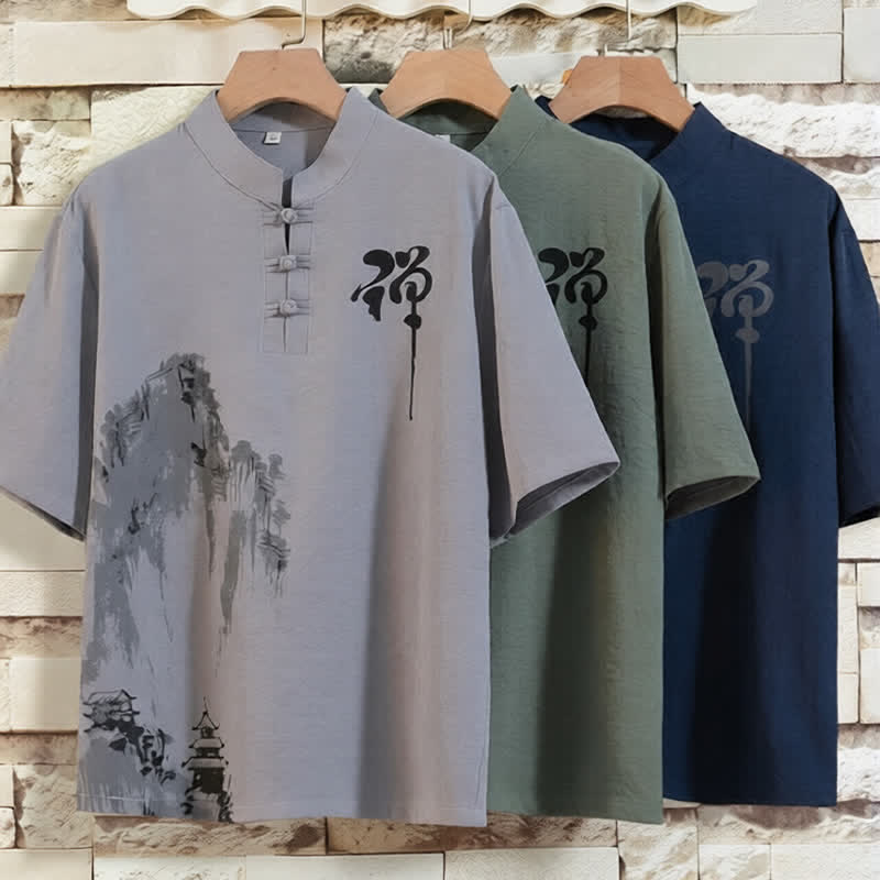 Buddha Stones 夏物 2点セット マンダリンカラー カエルボタン インクウォッシュプリント 半袖シャツ バミューダパンツ メンズ 瞑想服 ポケット付き - image 12