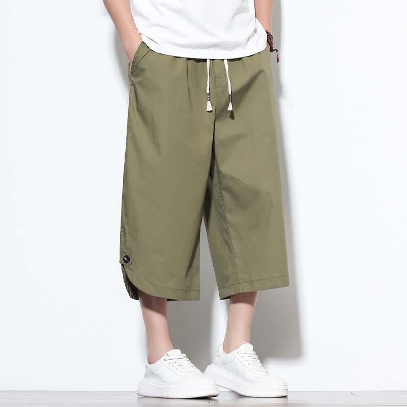 Buddha Stones 夏物カジュアル ドローストリング サイドスリット 無地コットン メンズ ハーレムパンツ ポケット付き - image 8