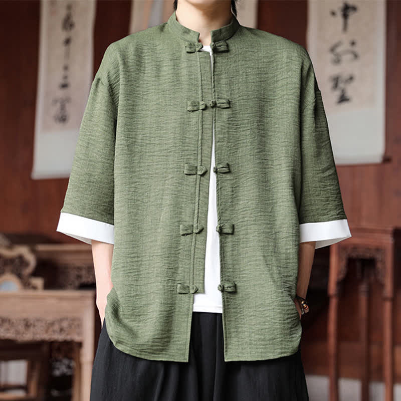 Buddha Stones 夏物 唐風 マンダリンカラー フロッグボタン 無地 メンズ 肘丈袖シャツ - image 1