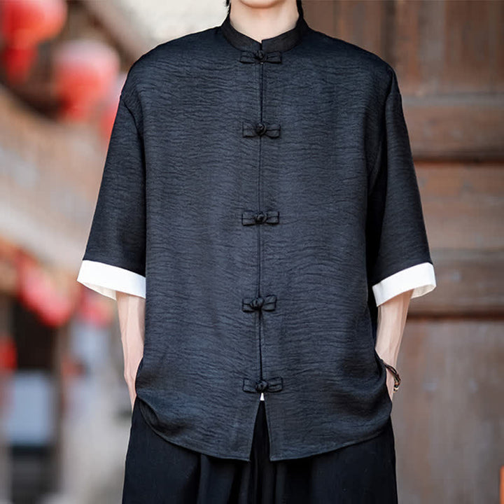 Buddha Stones 夏物 唐風 マンダリンカラー フロッグボタン 無地 メンズ 肘丈袖シャツ - 黒 - US/UK/AU46、 EU56 (5XL) - image 10