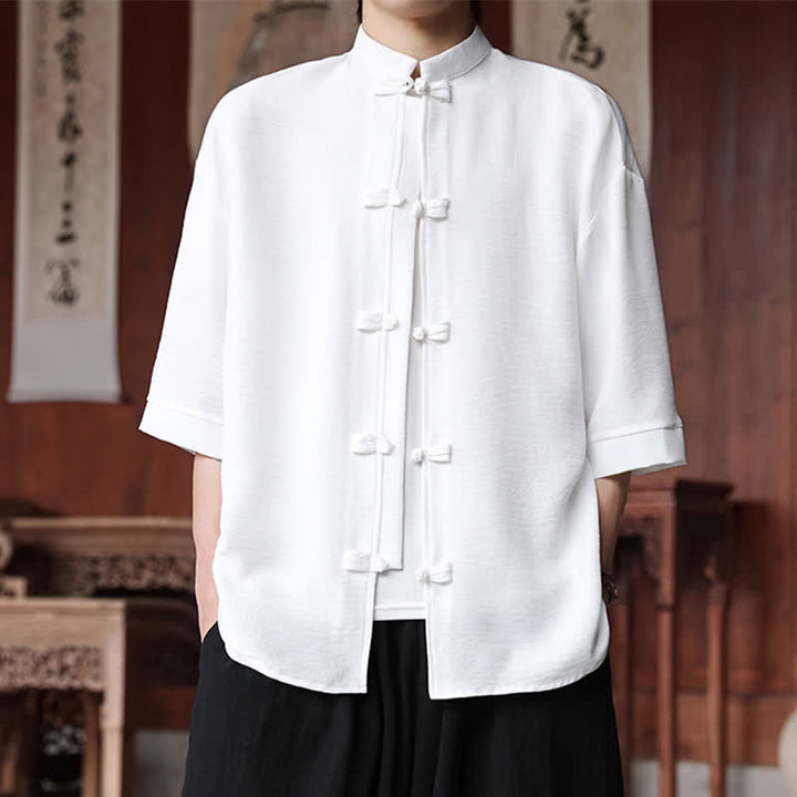 Buddha Stones 夏物 唐風 マンダリンカラー フロッグボタン 無地 メンズ 肘丈袖シャツ - 白 - US/UK/AU46、 EU56 (5XL) - image 6