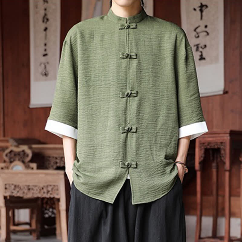 Buddha Stones 夏物 唐風 マンダリンカラー フロッグボタン 無地 メンズ 肘丈袖シャツ - オリーブドラブ - US/UK/AU46、 EU56 (5XL) - image 0