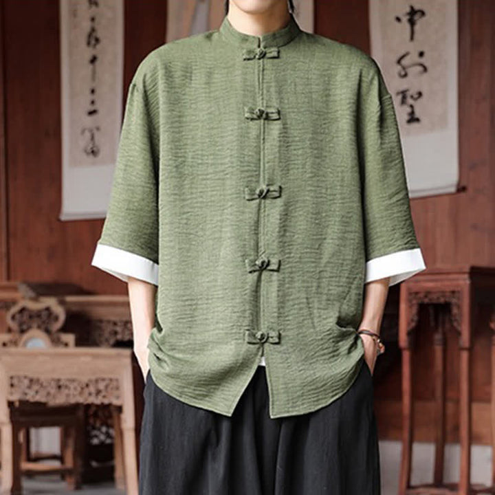 Buddha Stones 夏物 唐風 マンダリンカラー フロッグボタン 無地 メンズ 肘丈袖シャツ - オリーブドラブ - US/UK/AU46、 EU56 (5XL) - image 0