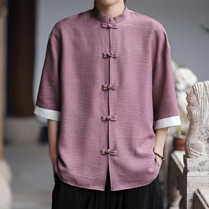 Buddha Stones 夏物 唐風 マンダリンカラー フロッグボタン 無地 メンズ 肘丈袖シャツ - 梅 - US/UK/AU46、 EU56 (5XL) - image 15